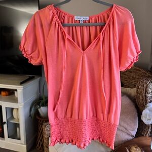 Inner Circle Coral Peasant Top Blouse Tassel Scalloped Shirt Sleeve